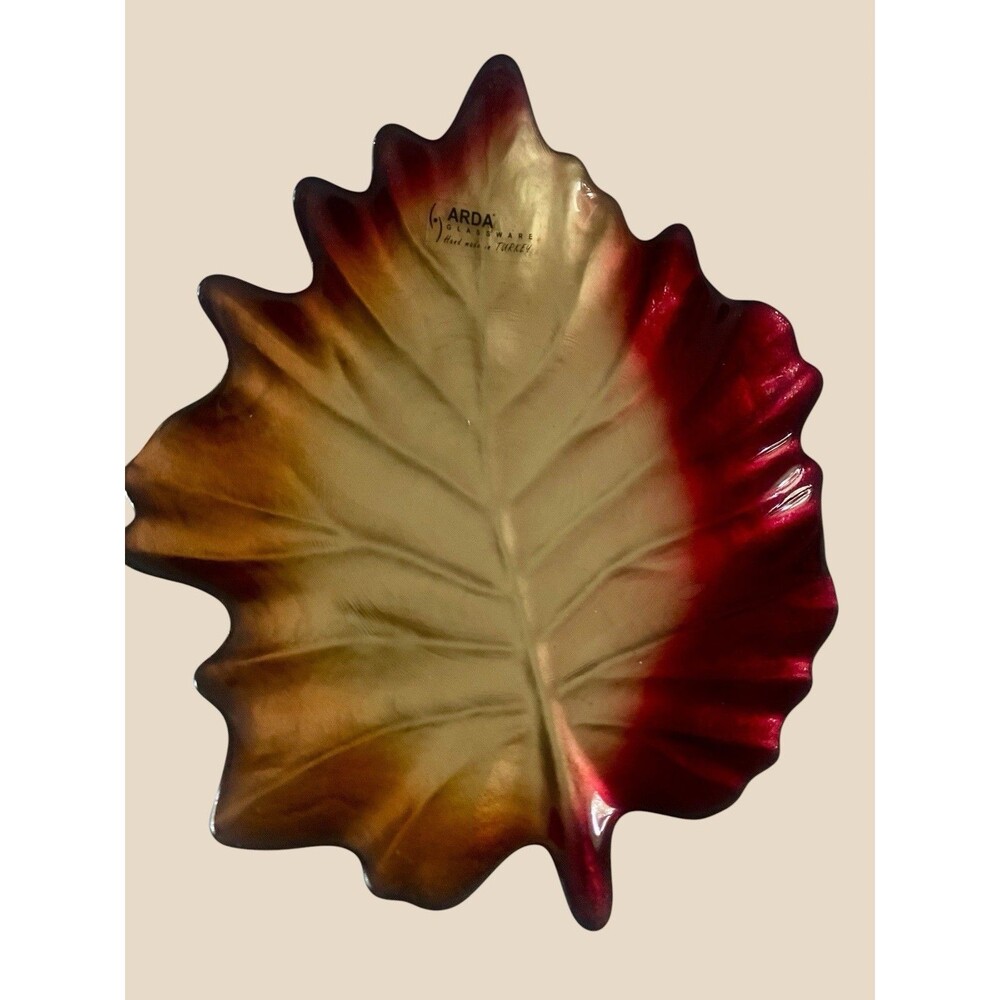 VTG Arda Glassware Autumn Leaf Bowl Tray Iridescent Art Glass Handmade Turkey
